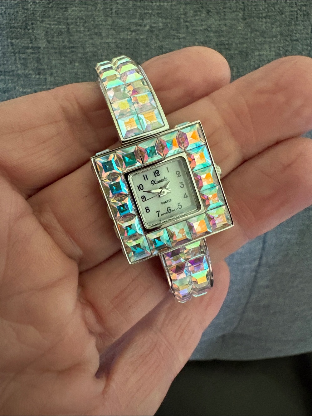 Xanadu Y2K Statement Bangle Watch, Iridescent Square Rhinestone Crystals.
NEW.